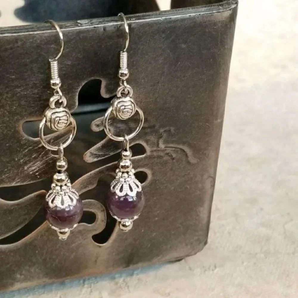 Handcrafted Lacy Gemstone Earrings Purple Amethyst